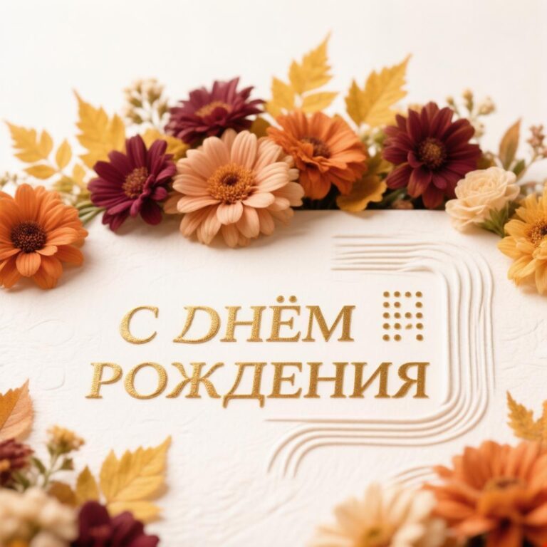 Поздравительная открытка «С Днём рождения». В центре композиции — прямоугольная область из фактурной белой бумаги с рельефным узором: плавные волнообразные линии расходятся вправо, а рядом с текстом — небольшой квадратный орнамент из точек. Надпись выполнена объёмными золотистыми буквами с зернистой текстурой — они заметно выступают над поверхностью и создают мягкие тени. По верхнему и нижнему краям открытки расположена декоративная композиция из цветов и листьев. Среди них — герберы тёплых оттенков: оранжевые, бежевые, бордовые; лепестки прорисованы детально, сердцевины плотные, с выраженной фактурой. К цветам добавлены сухие листья золотисто‑жёлтого цвета с резными краями — они лежат свободно, частично перекрывая бутоны. Мелкие бутоны и тонкие стебли создают ощущение естественной, слегка небрежной аранжировки. Фон светлый, почти белый, с лёгкой зернистостью — он подчёркивает тёплые тона флористики и золотистый цвет букв. Общая цветовая гамма — осенняя, уютная, с плавными переходами от кремового к янтарному и глубокому бордовому.