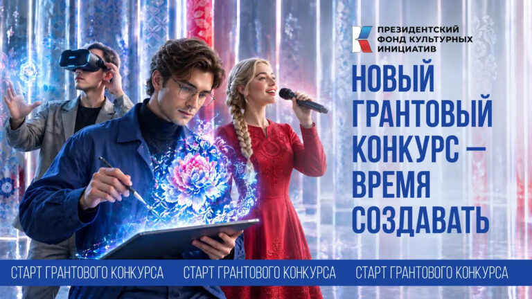Баннер Президентского фонда культурных инициатив с анонсом нового грантового конкурса «Время создавать».